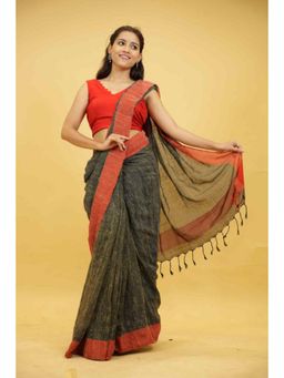 Isadora Life - Womens Woven Tassels Green Pre-Draped Saree With Unstitched Blouse