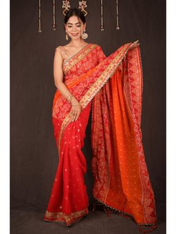 Isadora Life - Womens Bandhani Printed Orange Pre-Draped Saree With Unstitched Blouse