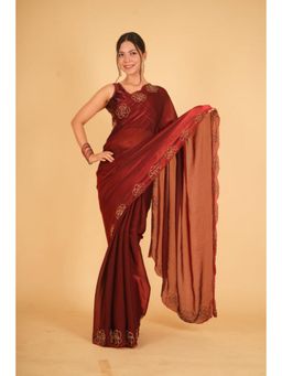 Isadora Life - Womens Sequined Maroon Pre-Draped Saree With Unstitched Blouse