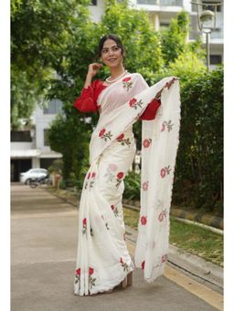 Isadora Life - Womens Embroidered White Pre-Draped Saree With Unstitched Blouse
