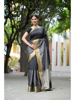 Isadora Life - Womens Stripes Zari Black Pre-Draped Saree With Unstitched Blouse