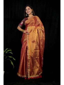 Isadora Life - Womens Solid Tassels Copper Pre-Draped Saree With Unstitched Blouse