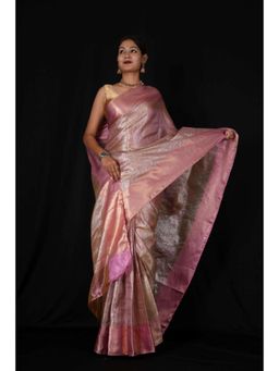 Isadora Life - Womens Woven Zari Pink Pre-Draped Saree With Unstitched Blouse