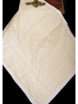 Isadora Life - Womens Embroidered Lace Work Beige Pre-Draped Saree With Unstitched Blouse