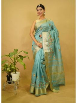 Isadora Life - Womens Floral Embroidered Blue Pre-Draped Saree With Unstitched Blouse
