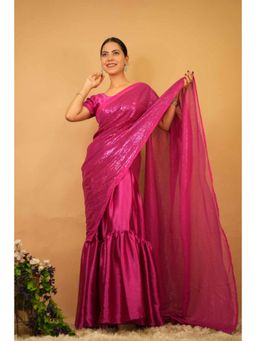 Isadora Life - Womens Embroidered Sequined Pink Pre-Draped Saree With Unstitched Blouse