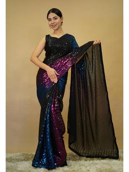 Isadora Life - Womens Sequined Multi-Color Pre-Draped Saree With Unstitched Blouse