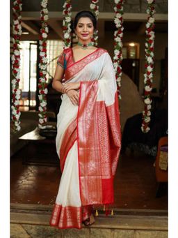 Isadora Life - Womens Woven Tassels Off White Pre-Draped Saree With Unstitched Blouse