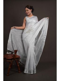 Isadora Life - Womens Mirror Work Tassels Grey Pre-Draped Saree With Unstitched Blouse