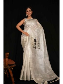 Isadora Life - Womens Embroidered Mirror Work White Pre-Draped Saree With Unstitched Blouse