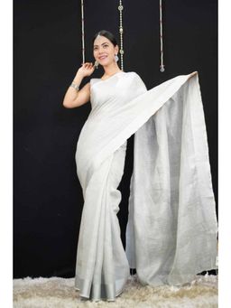 Isadora Life - Womens Solid Tassels White Pre-Draped Saree With Unstitched Blouse