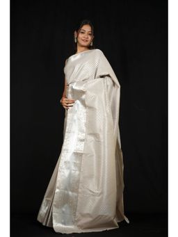 Isadora Life - Womens Woven Zari White Pre-Draped Saree With Unstitched Blouse