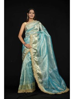 Isadora Life - Womens Solid Embroidered Blue Pre-Draped Saree With Unstitched Blouse