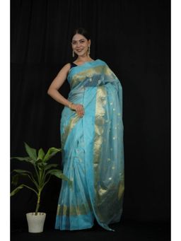 Isadora Life - Womens Woven Zari Blue Pre-Draped Saree With Unstitched Blouse