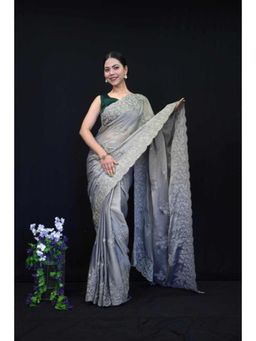 Isadora Life - Womens Embroidered Sequined Grey Pre-Draped Saree With Unstitched Blouse