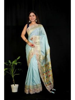 Isadora Life - Womens Embroidered Sequined Blue Pre-Draped Saree With Unstitched Blouse