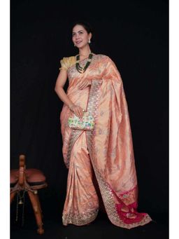 Isadora Life - Womens Bandhani Printed Peach Pre-Draped Saree With Unstitched Blouse