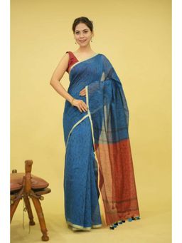 Isadora Life - Womens Printed Tassels Blue Pre-Draped Saree With Unstitched Blouse
