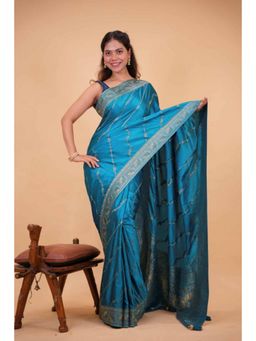 Isadora Life - Womens Sequined Zari Blue Pre-Draped Saree With Unstitched Blouse