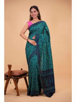 Isadora Life - Womens Printed Embroidered Blue Pre-Draped Saree With Unstitched Blouse