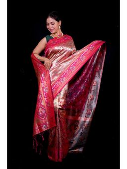Isadora Life - Womens Woven Zari Pink Pre-Draped Saree With Unstitched Blouse