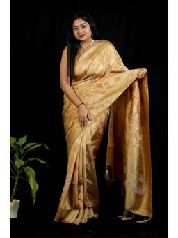 Isadora Life - Womens Woven Tassels Gold Pre-Draped Saree With Unstitched Blouse