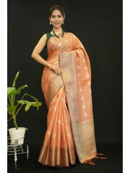 Isadora Life - Womens Woven Zari Orange Pre-Draped Saree With Unstitched Blouse