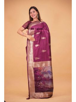 Isadora Life - Womens Woven Zari Purple Pre-Draped Saree With Unstitched Blouse