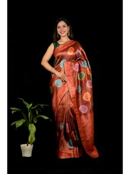 Isadora Life - Womens Woven Zari Brown Pre-Draped Saree With Unstitched Blouse
