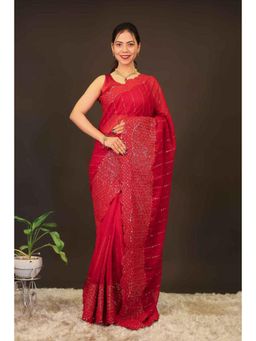 Isadora Life - Womens Embroidered Sequined Red Pre-Draped Saree With Unstitched Blouse