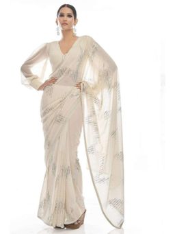 Isadora Life - Womens Sequined White Pre-Draped Saree With Unstitched Blouse