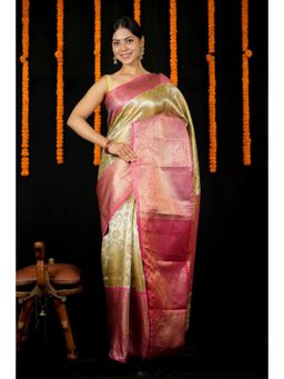 Isadora Life - Womens Woven Zari Yellow Pre-Draped Saree With Unstitched Blouse