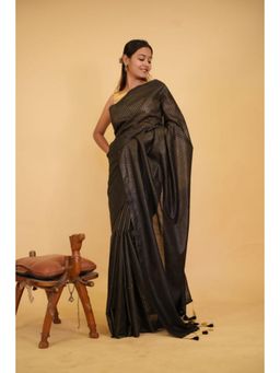 Isadora Life - Womens Stripes Embroidered Black Pre-Draped Saree With Unstitched Blouse