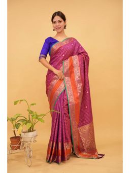 Isadora Life - Womens Checks Zari Pink Pre-Draped Saree With Unstitched Blouse