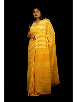 Isadora Life - Womens Printed Stripes Yellow Pre-Draped Saree With Unstitched Blouse