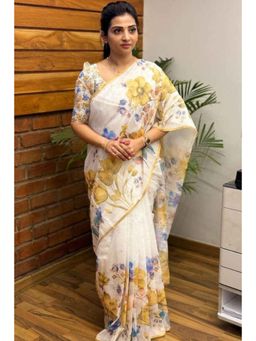 Isadora Life - Womens Floral Printed White Pre-Draped Saree With Unstitched Blouse