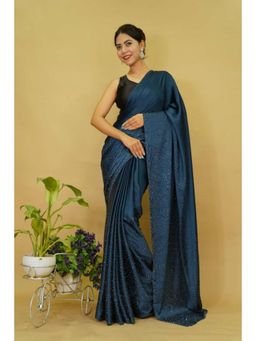 Isadora Life - Womens Beads Sequined Blue Pre-Draped Saree With Unstitched Blouse