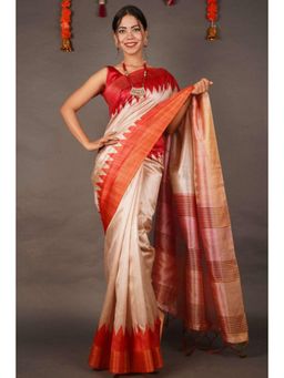 Isadora Life - Womens Woven Tassels Beige Pre-Draped Saree With Unstitched Blouse