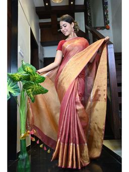 Isadora Life - Womens Woven Tassels Pink Pre-Draped Saree With Unstitched Blouse