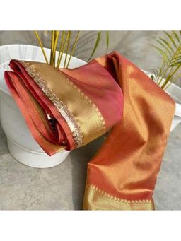Isadora Life - Womens Woven Zari Rose Gold Pre-Draped Saree With Unstitched Blouse
