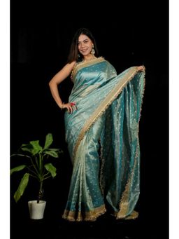 Isadora Life - Womens Woven Zari Blue Pre-Draped Saree With Unstitched Blouse