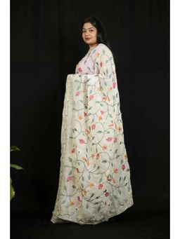 Isadora Life - Womens Embroidered Sequined White Pre-Draped Saree With Unstitched Blouse