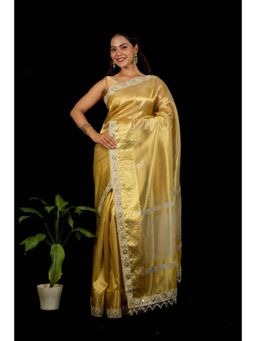 Isadora Life - Womens Woven Mirror Work Gold Pre-Draped Saree With Unstitched Blouse