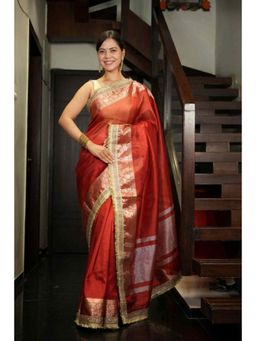 Isadora Life - Womens Woven Zari Red Pre-Draped Saree With Unstitched Blouse