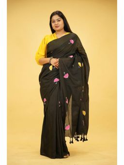 Isadora Life - Womens Embroidered Tassels Black Pre-Draped Saree With Unstitched Blouse
