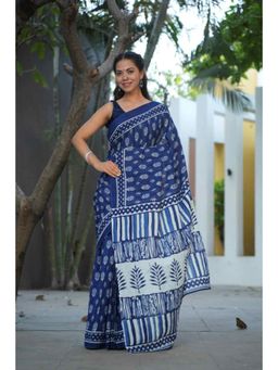 Isadora Life - Womens Printed Blue Pre-Draped Saree With Unstitched Blouse
