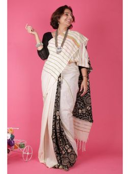 Isadora Life - Womens Printed Stripes White Pre-Draped Saree With Unstitched Blouse
