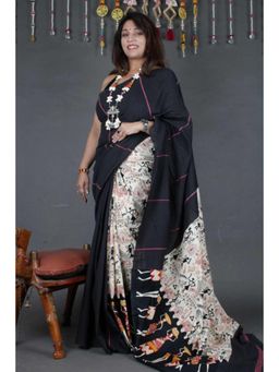 Isadora Life - Womens Printed Black Pre-Draped Saree With Unstitched Blouse