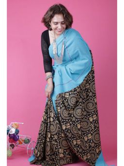 Isadora Life - Womens Printed Blue Pre-Draped Saree With Unstitched Blouse