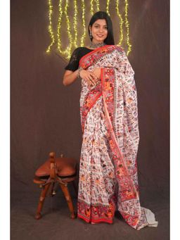 Isadora Life - Womens Printed Beige Pre-Draped Saree With Unstitched Blouse